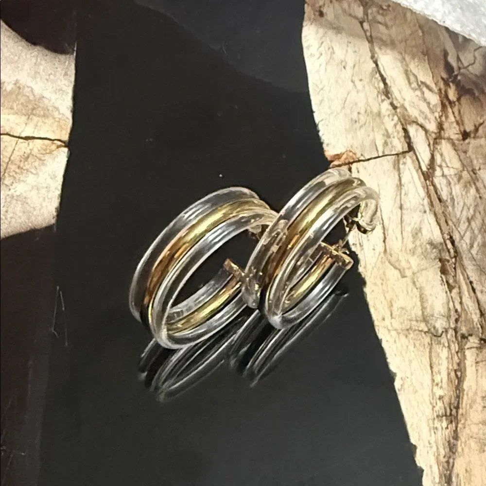 14K Gold Plated Sterling Silver & Clear 1.5 Inch Hoop Earrings BRAND NEW
